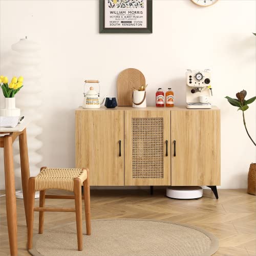 45" Sideboard Buffet Cabinet with Rattan Mesh Doors, Melamine and Carbon Steel Storage Cabinet V988