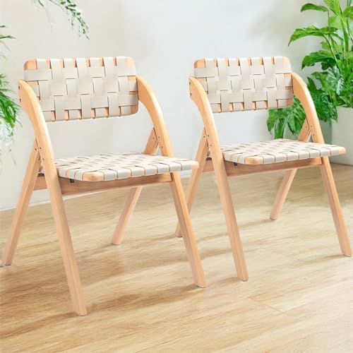 Folding Chairs Set of 2, Wooden Brown Woven Leather B20812
