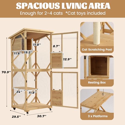 Black 4 Tiers Cat Enclosure with Wheels, Resting Box & Waterproof Roof E530441