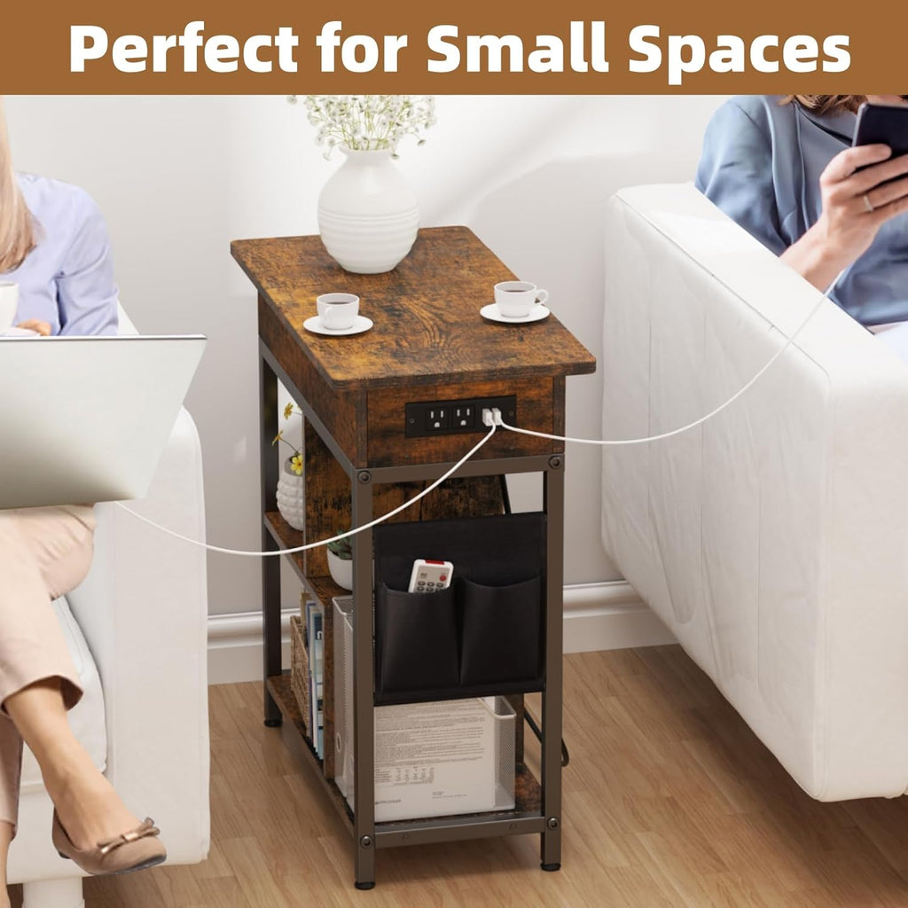 Side Table with Charging Station, Flip Top End Table with USB Ports and Outlets G71901