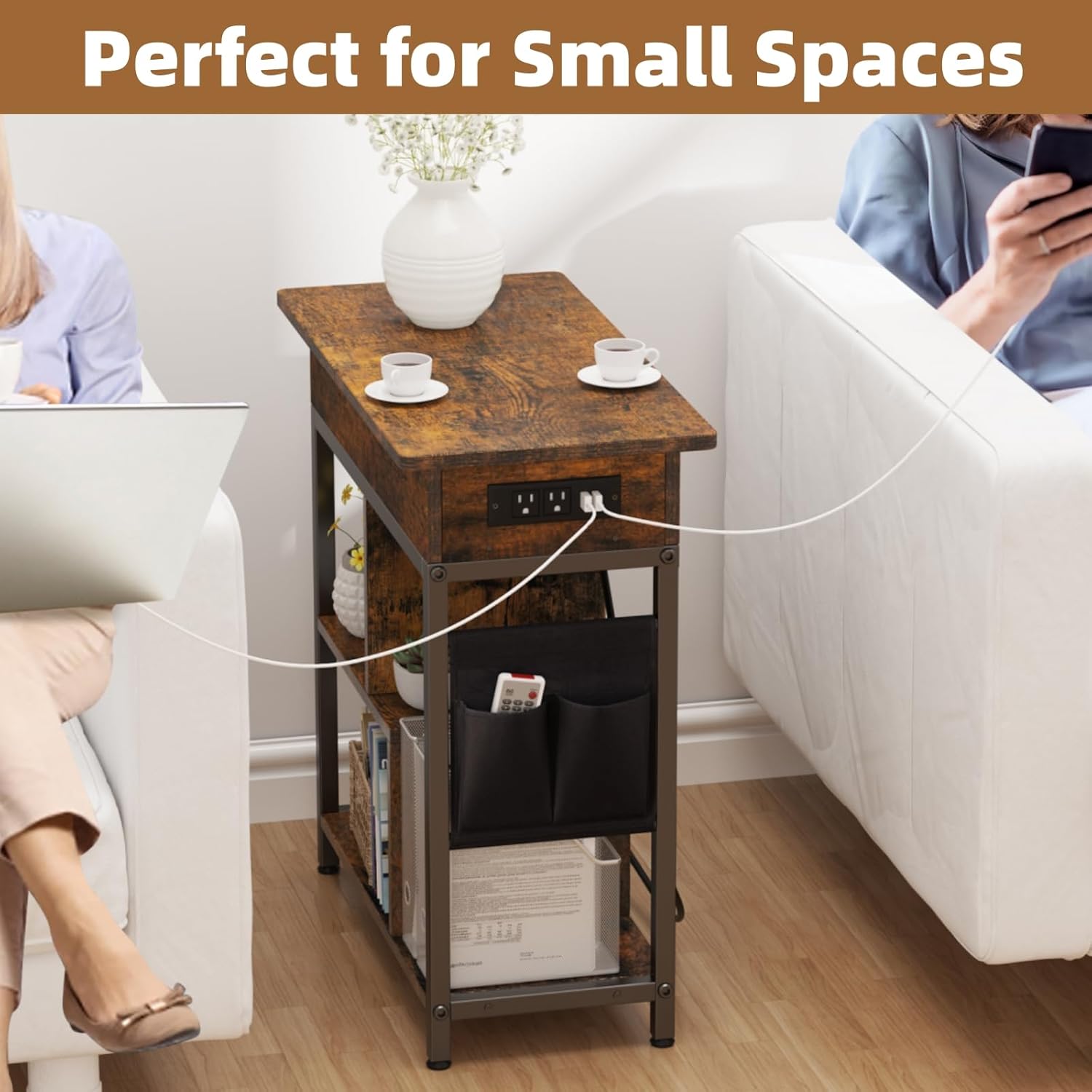Side Table with Charging Station, Flip Top End Table with USB Ports and Outlets G71901