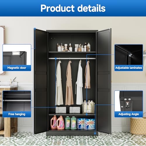 White 71" Metal Armoire Wardrobe with 2 Doors 2 Shelves B3424