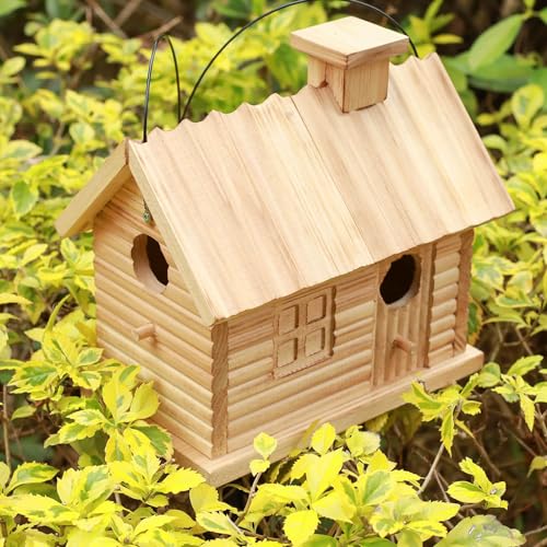 Natural Wooden Bird House 2 Hole 2 Rooms Hanging Birdhouse D51491