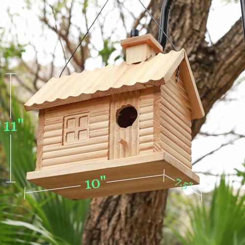 Natural Wooden Bird House 2 Hole 2 Rooms Hanging Birdhouse D51491