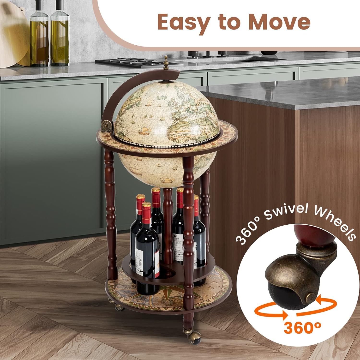 Creamy White Wood Globe Wine Bar Cabinet with Wheels H469