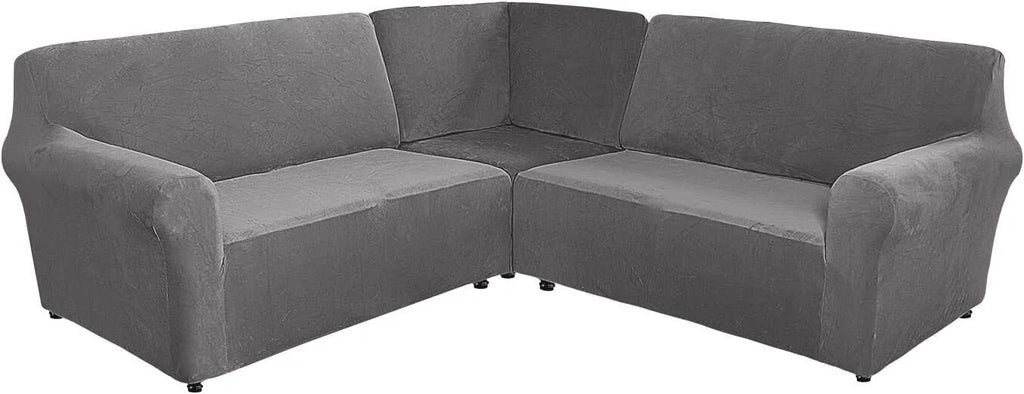 3-Piece L Shape Velvet Sectional Couch Cover, Grey B952