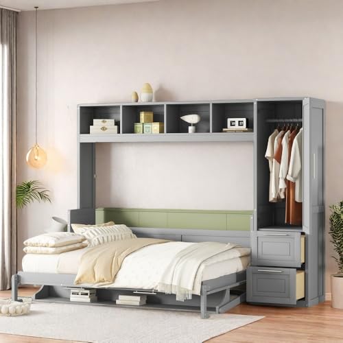 Gray Queen Size Murphy Bed with Desk Wardrobe Storage Shelf J158