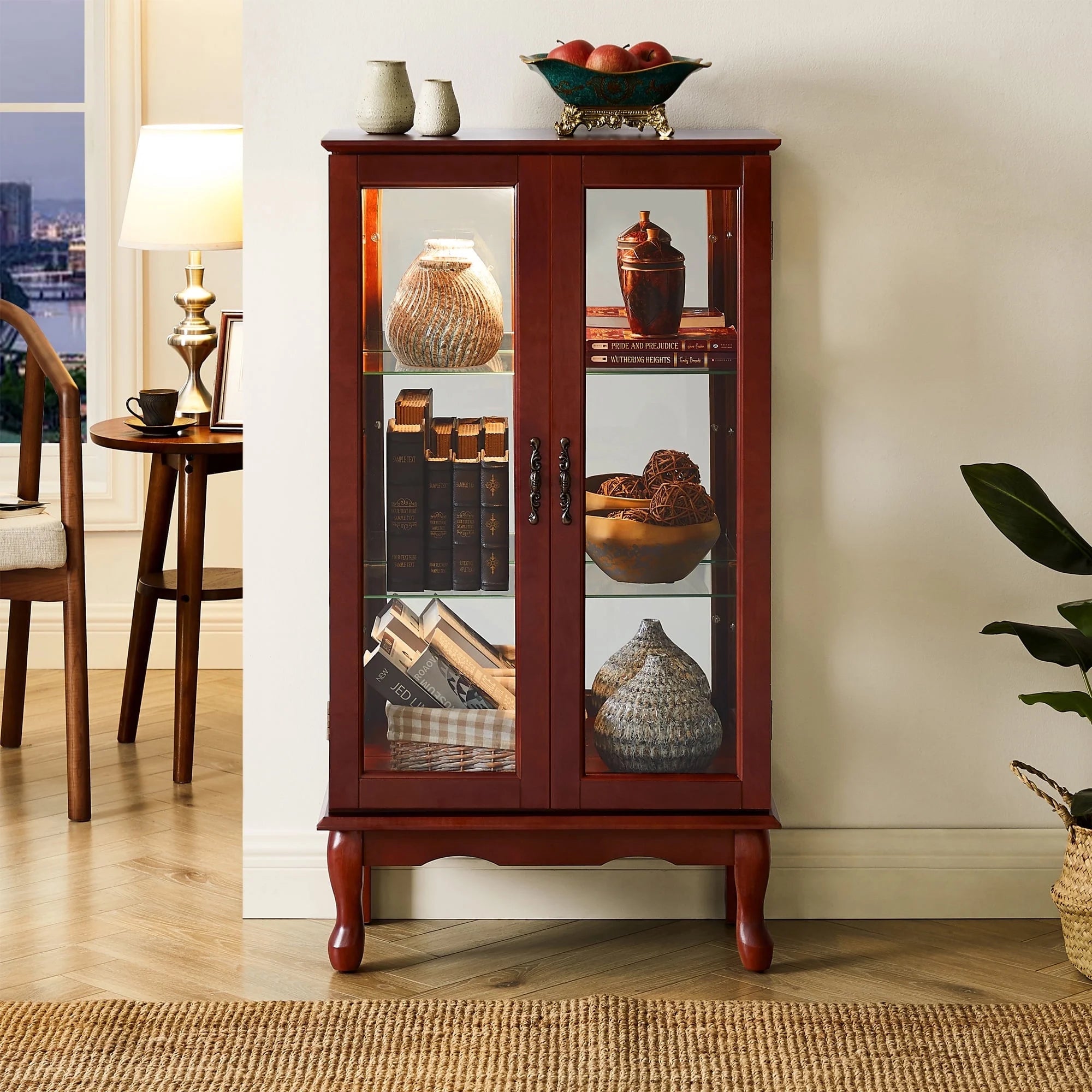 3 Tier Curio Cabinet with Tempered Glass Doors, Cherry C127438
