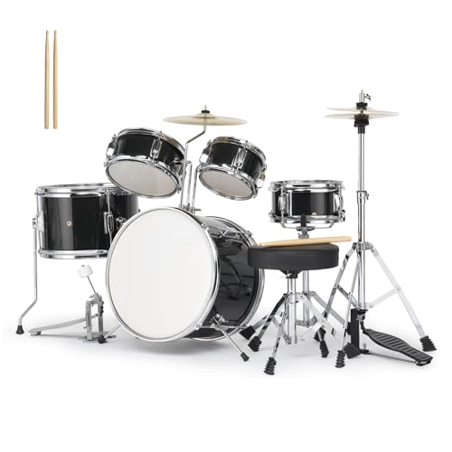 5-Piece Junior Drums Set with Throne Stool, Pedal & Drumsticks (Black) D817