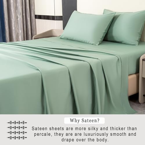Queen Size 100% Cotton 600 Thread Count Sateen Bed Sheets 4 Pieces Set Sage Green W630597
