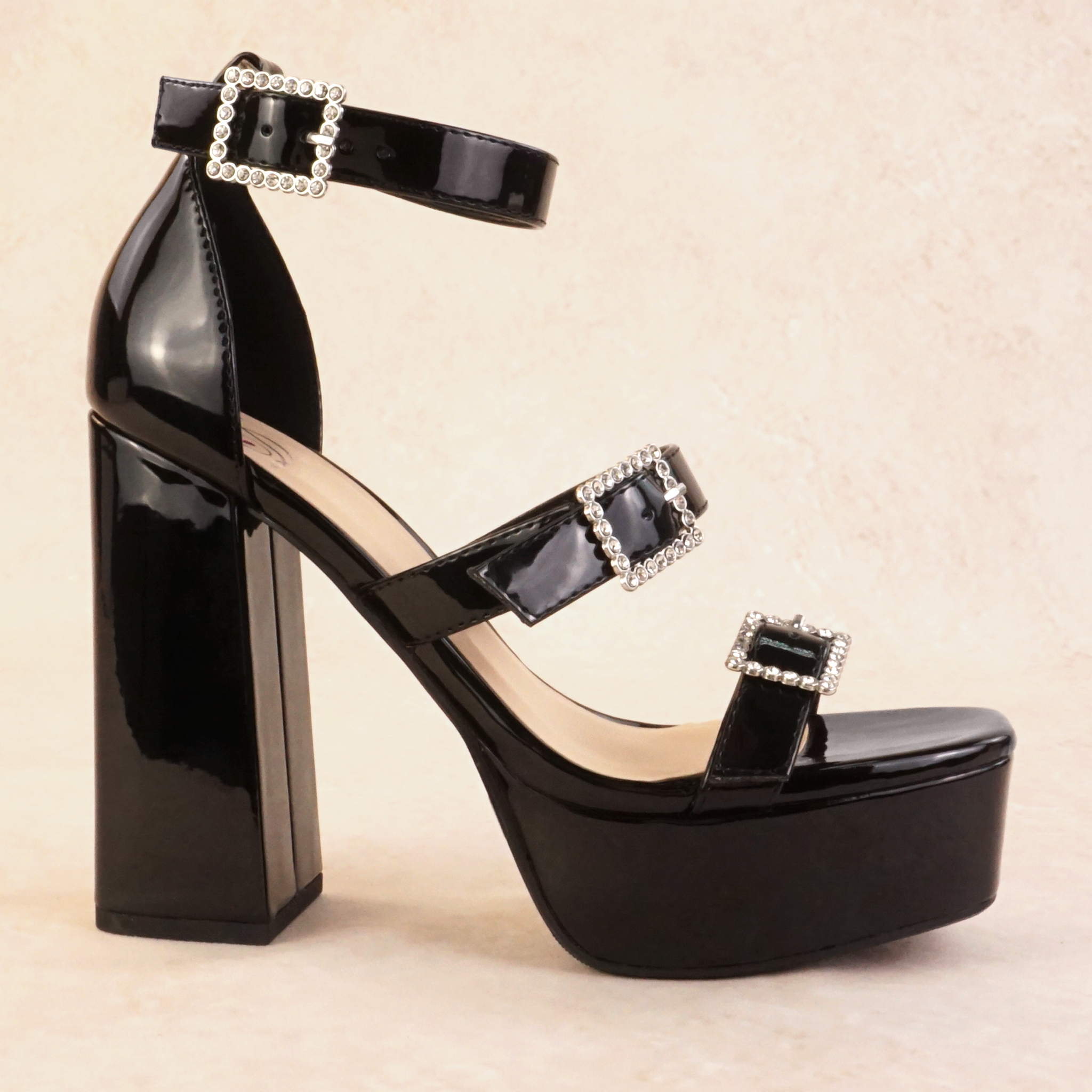 Kebab Platform Block Heels with Rhinestone Buckles