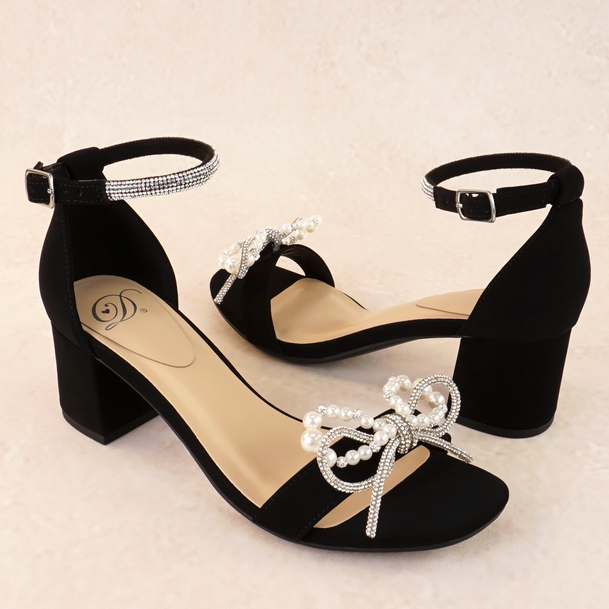 Sun Pearl and Rhinestone Detailed Block Heels