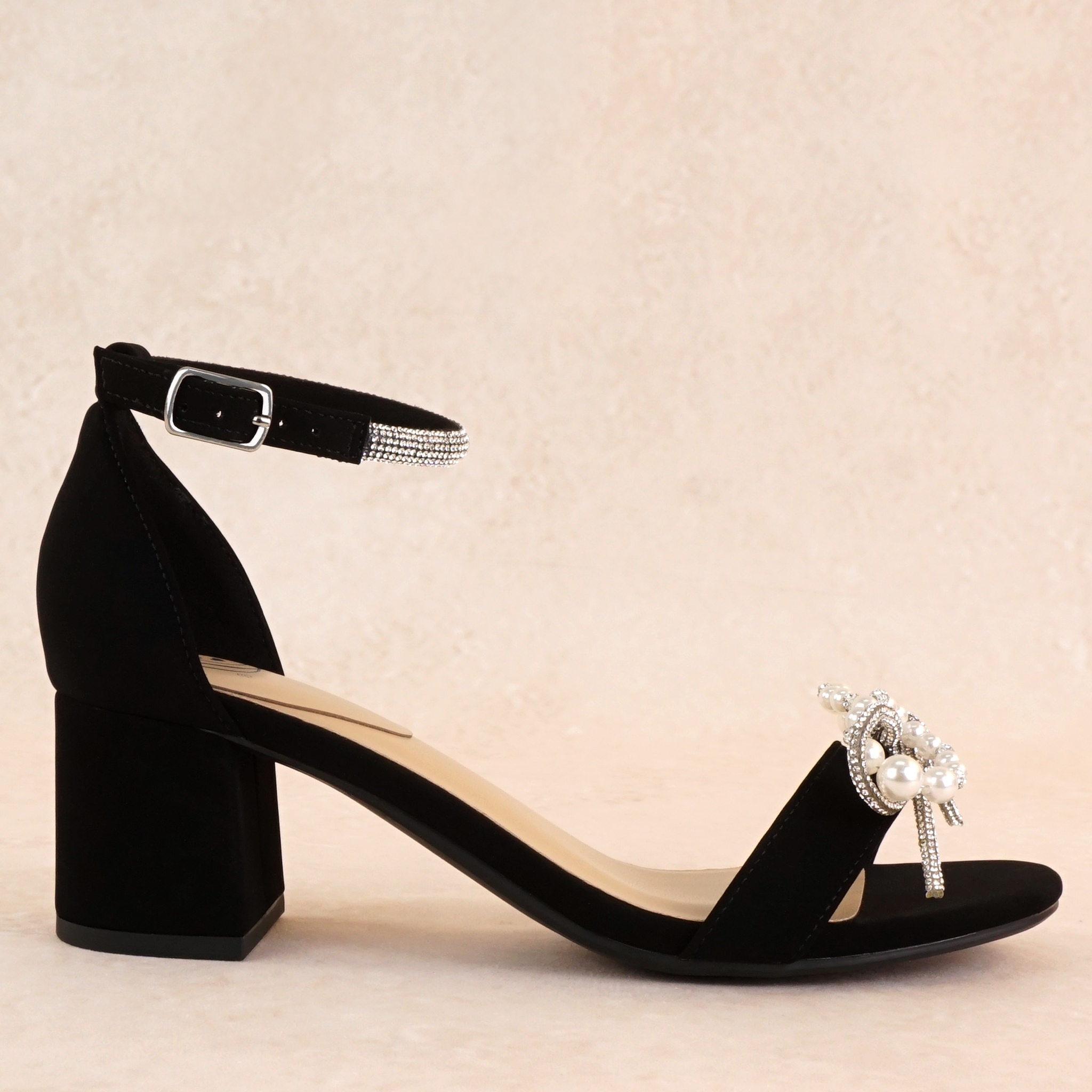 Sun Pearl and Rhinestone Detailed Block Heels