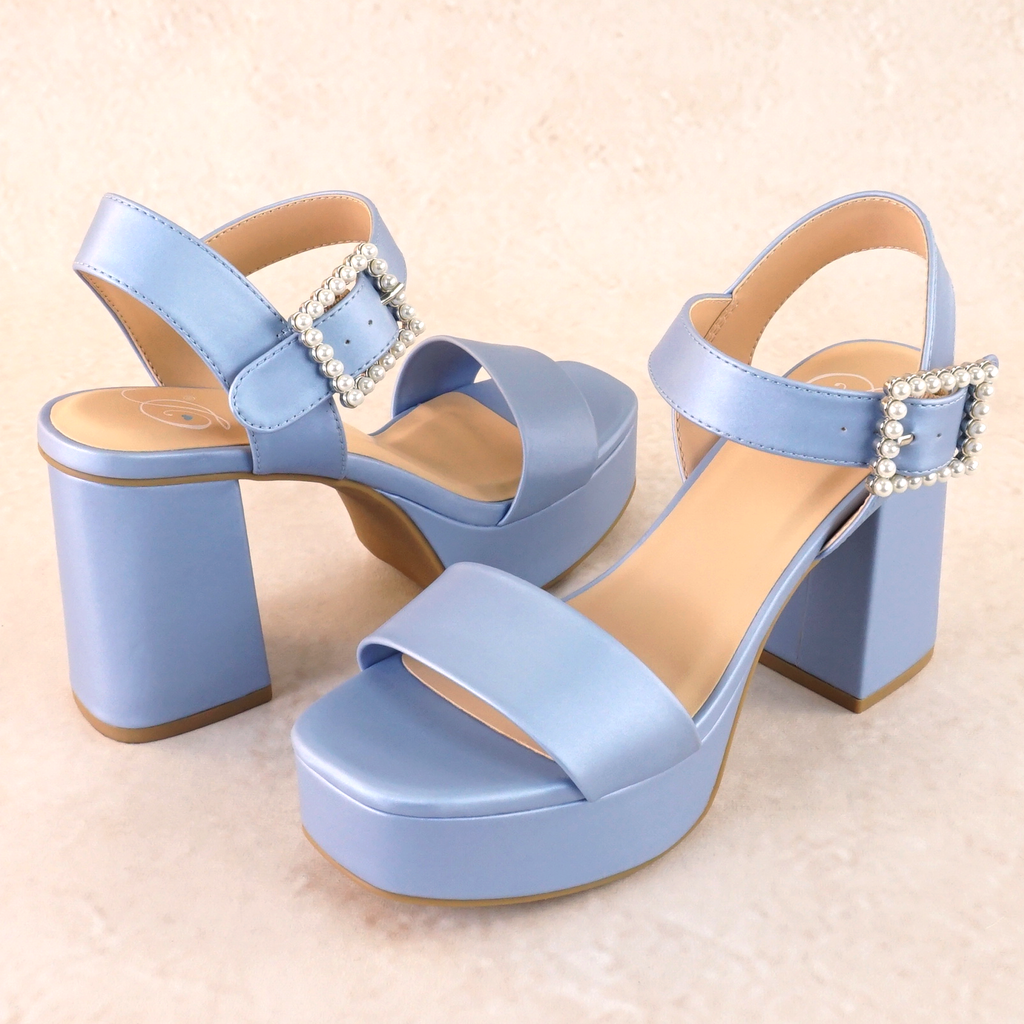 Macey Satin Block Platform Heels with Pearls