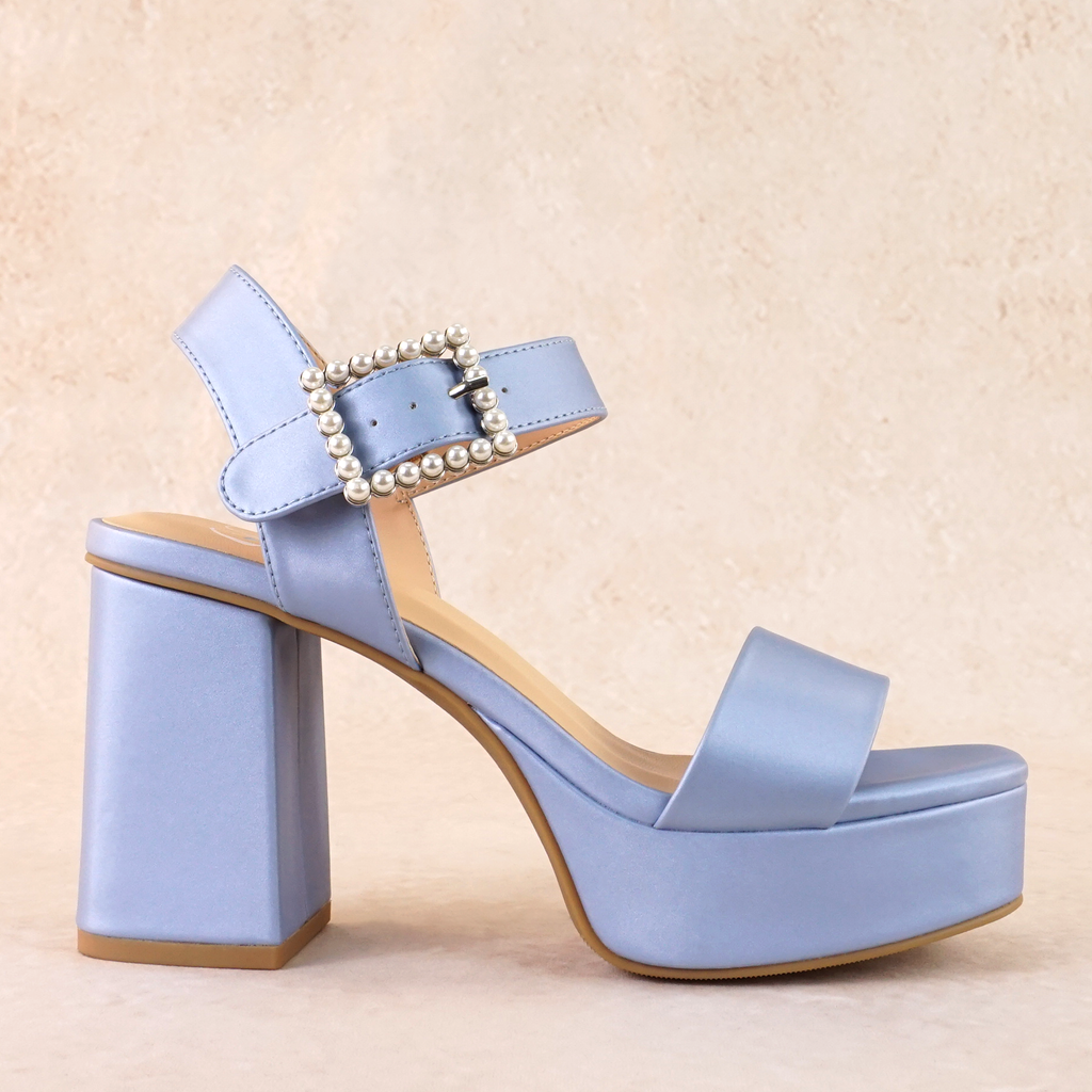 Macey Satin Block Platform Heels with Pearls