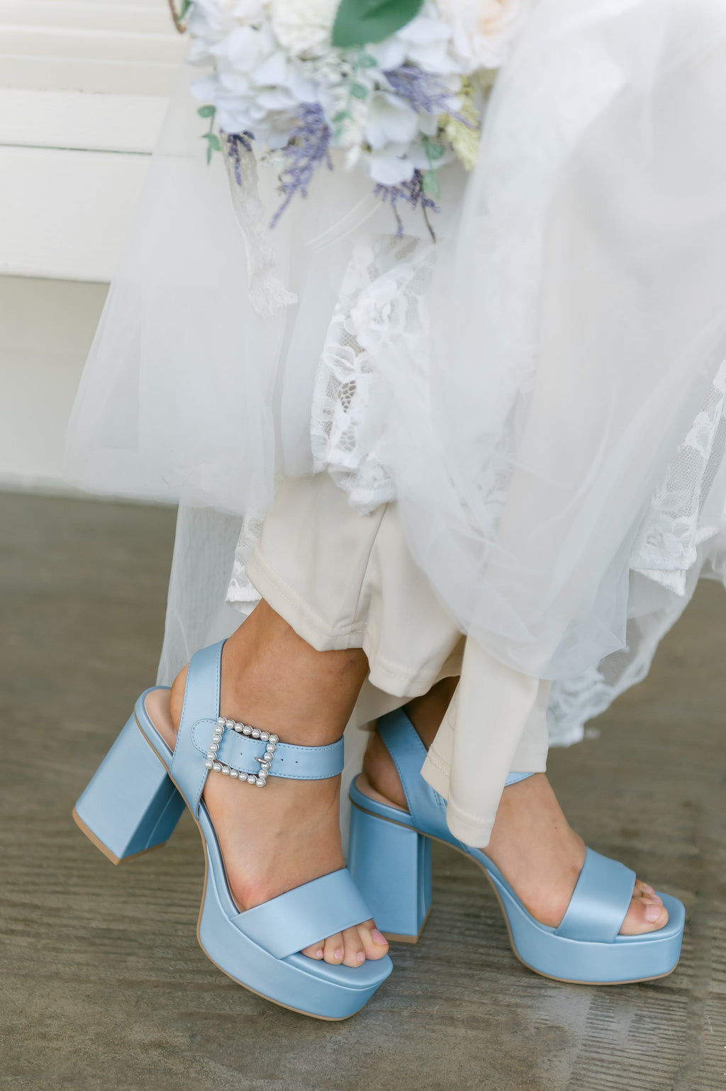 Macey Satin Block Platform Heels with Pearls