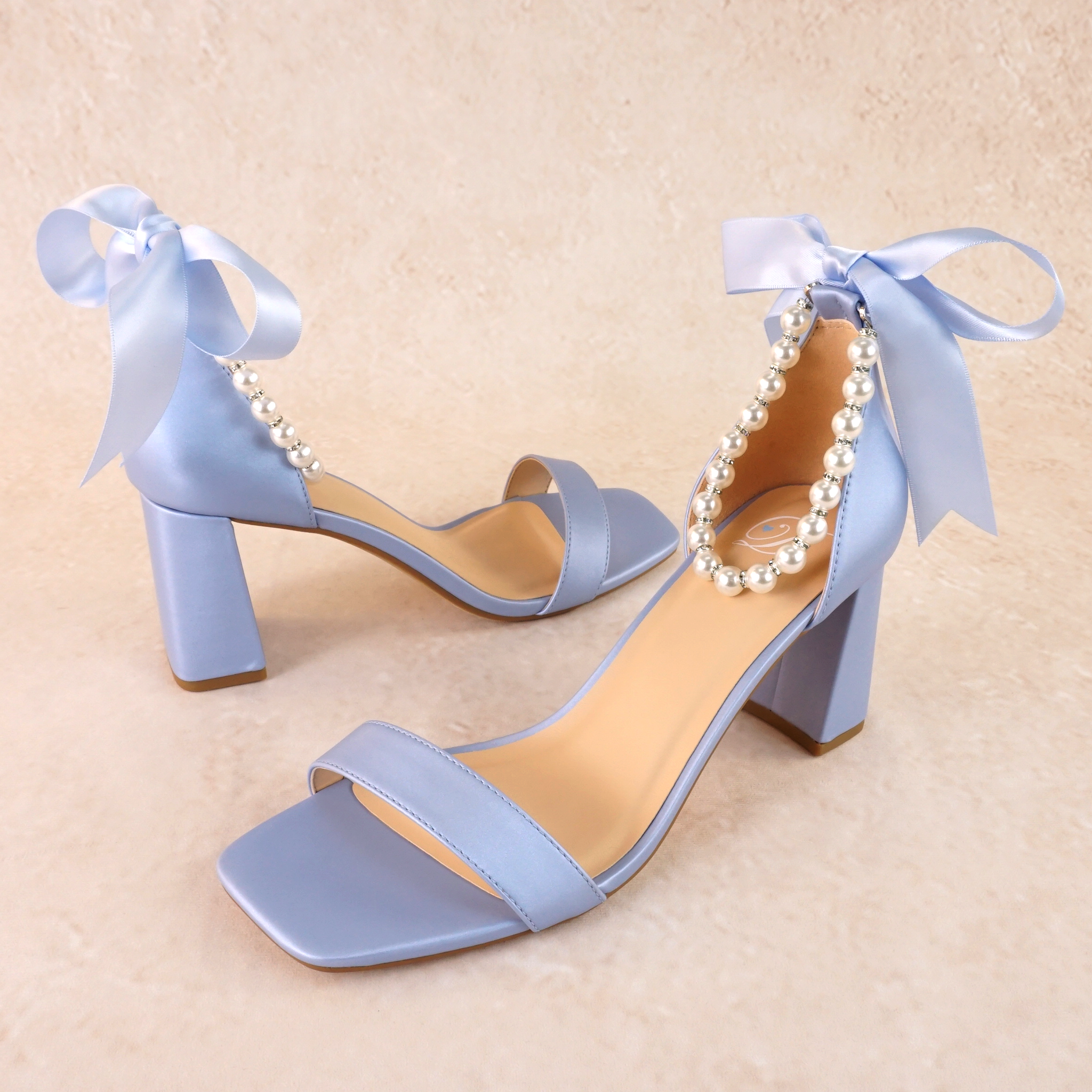Morgan Satin Block Heels with Pearl Ankle Strap