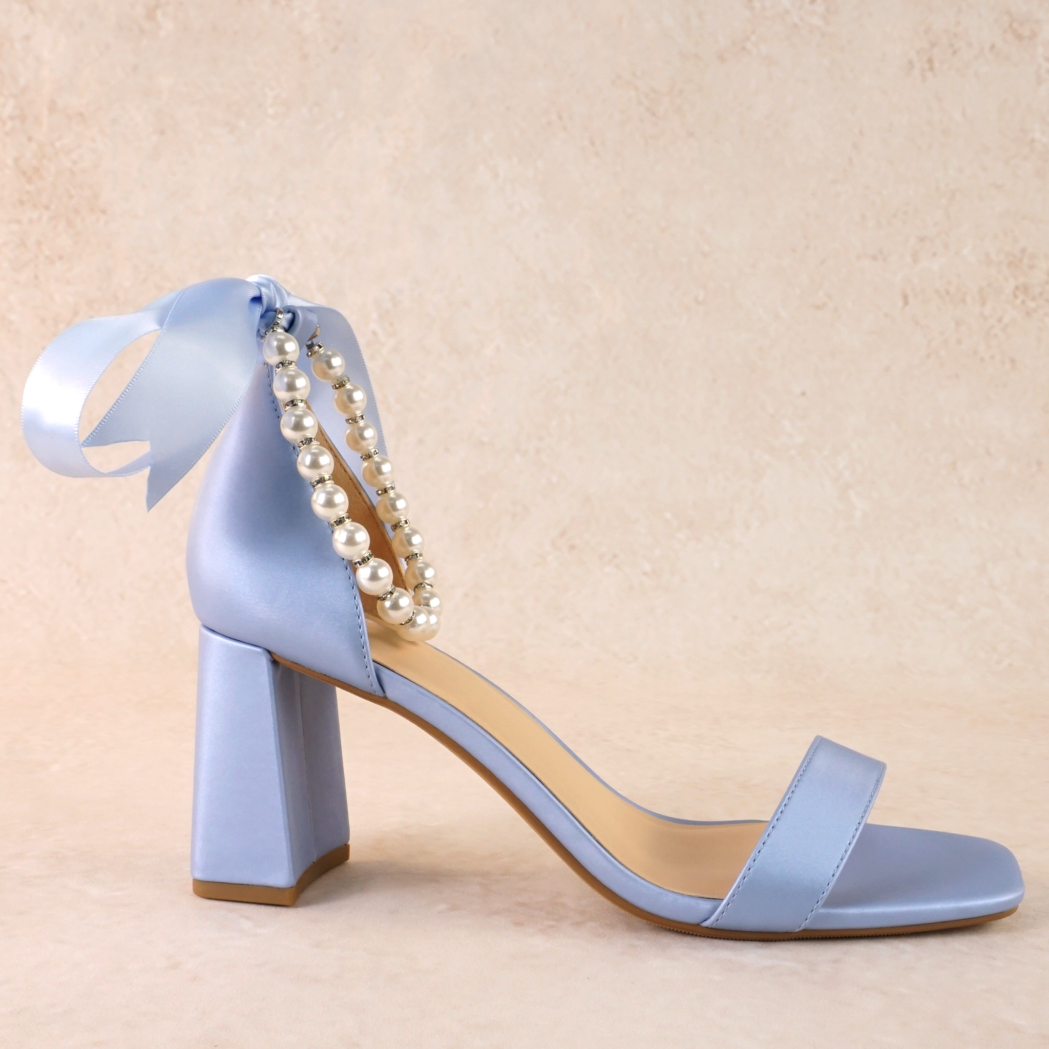 Morgan Satin Block Heels with Pearl Ankle Strap