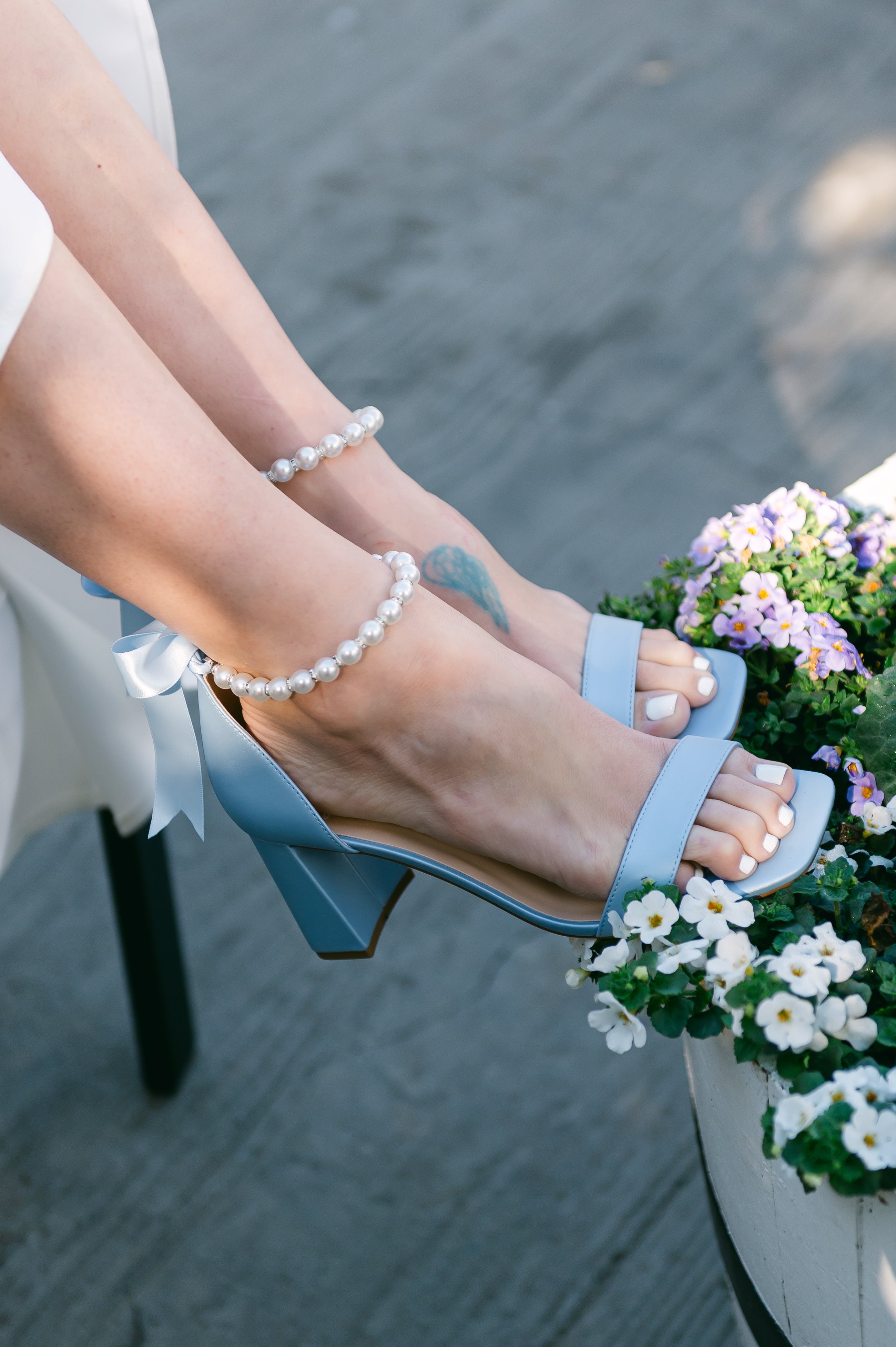 Morgan Satin Block Heels with Pearl Ankle Strap