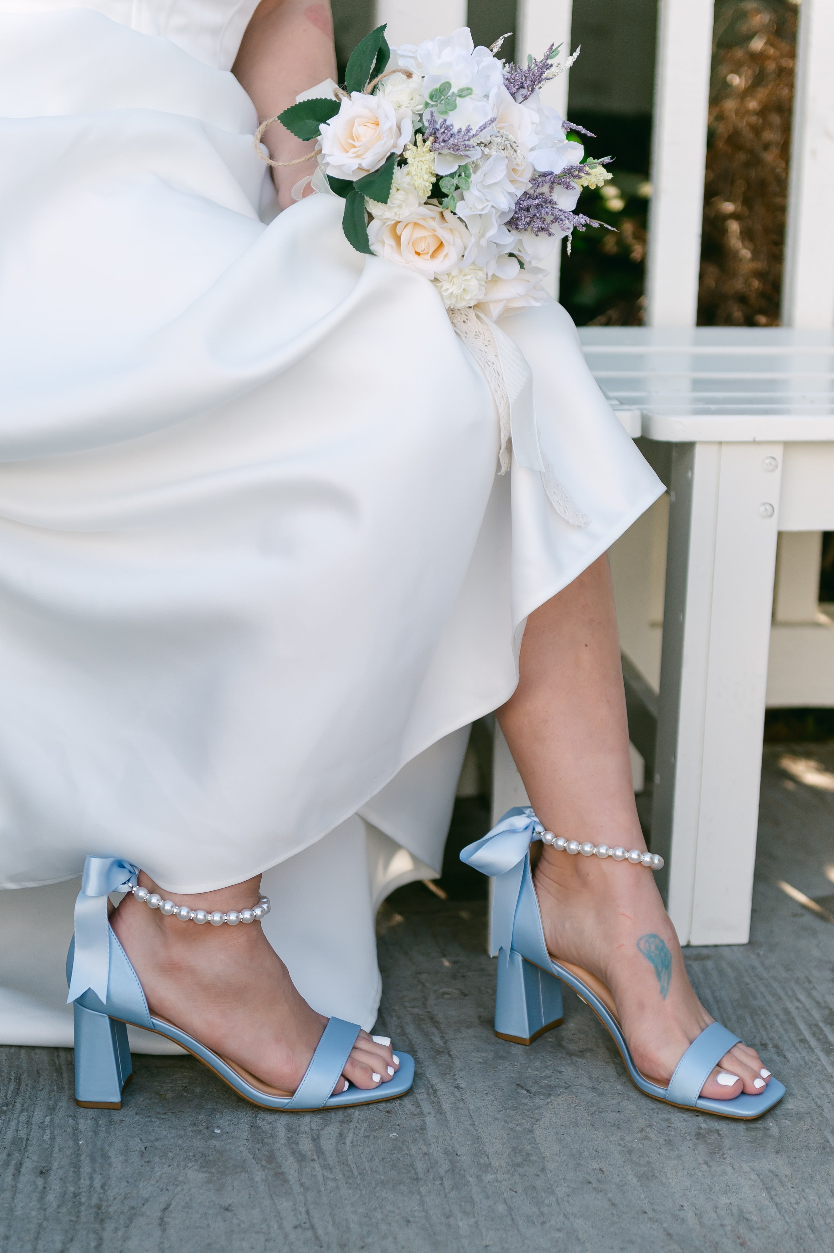 Morgan Satin Block Heels with Pearl Ankle Strap