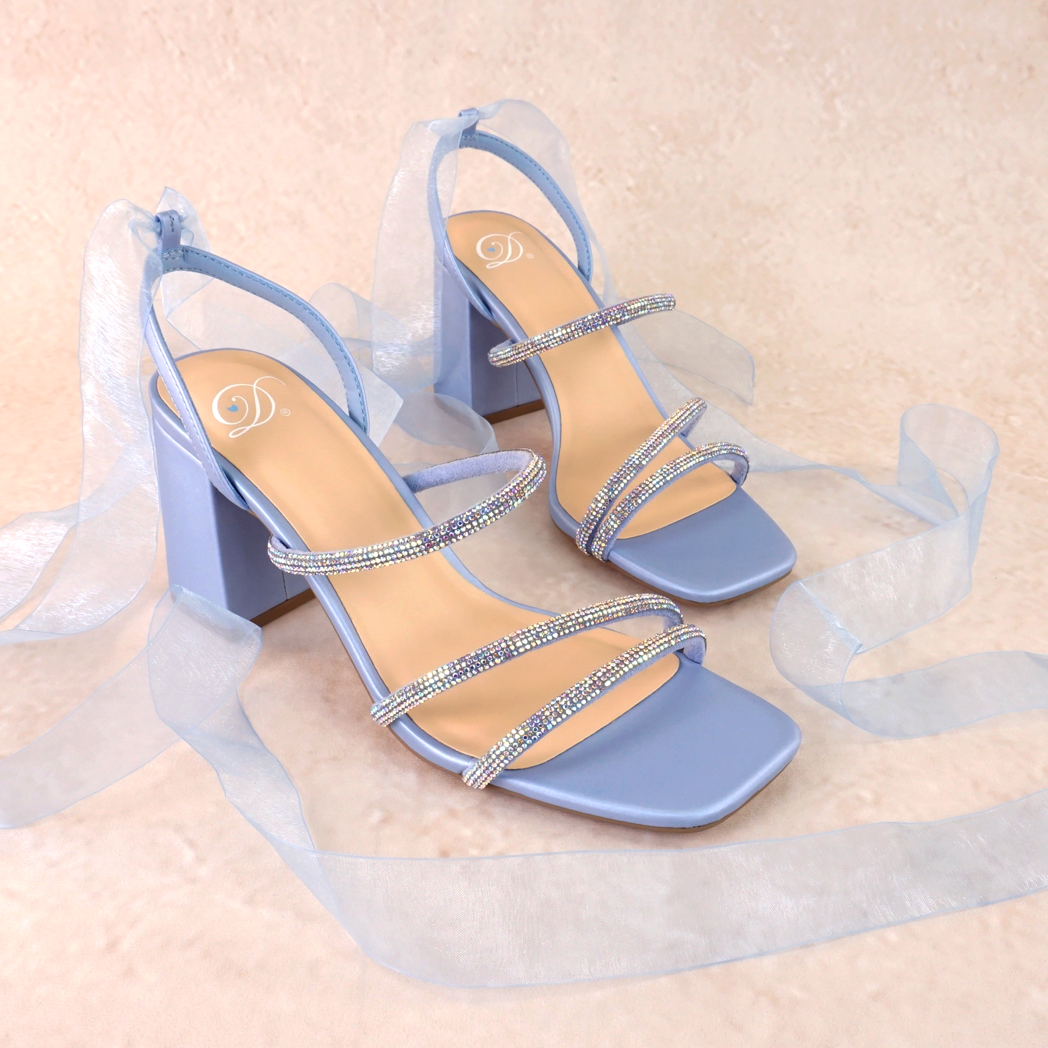 Blenda Block Heels with Rhinestones and Ribbon Ties