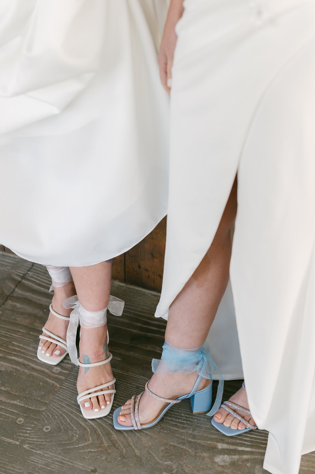 Blenda Block Heels with Rhinestones and Ribbon Ties