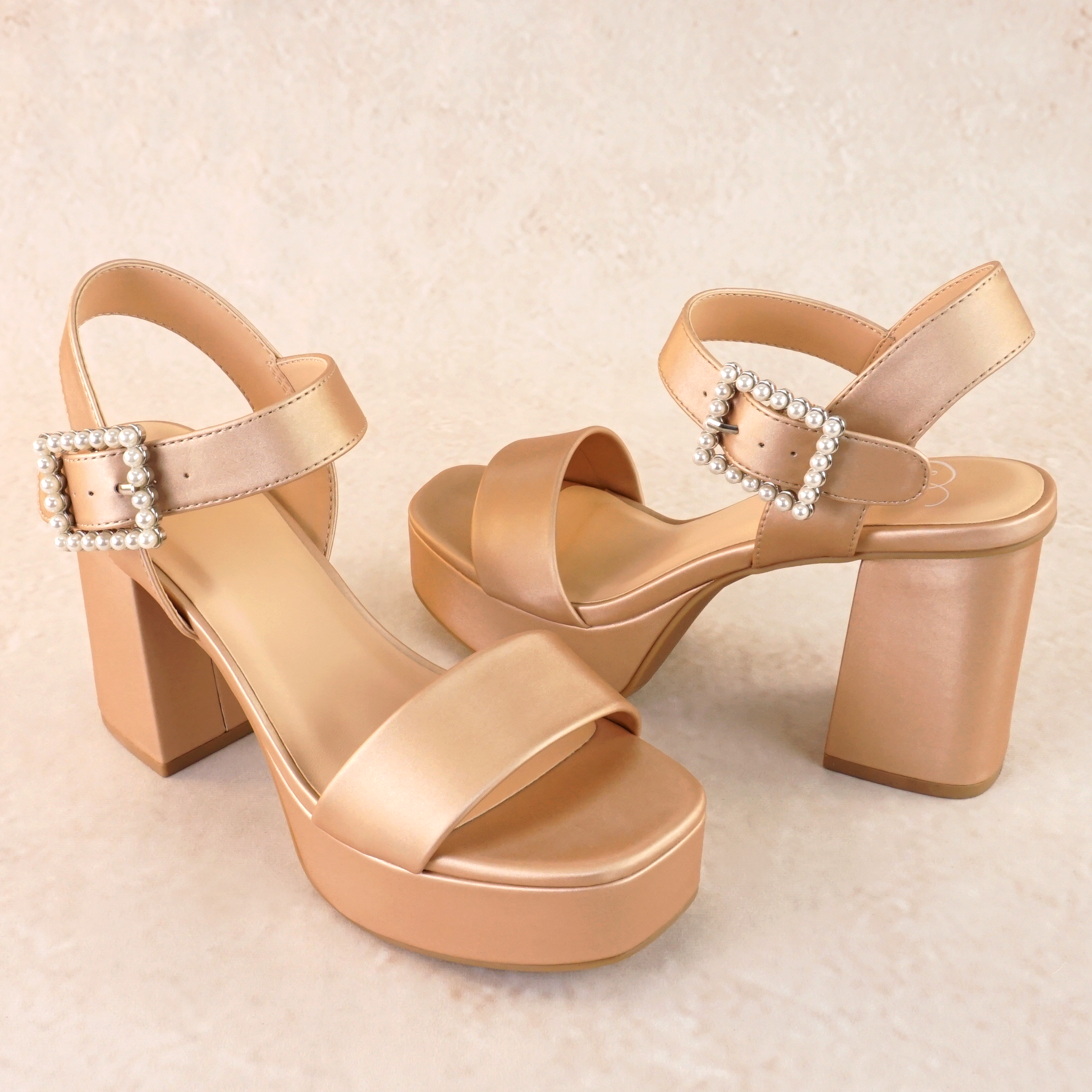 Macey Satin Block Platform Heels with Pearls