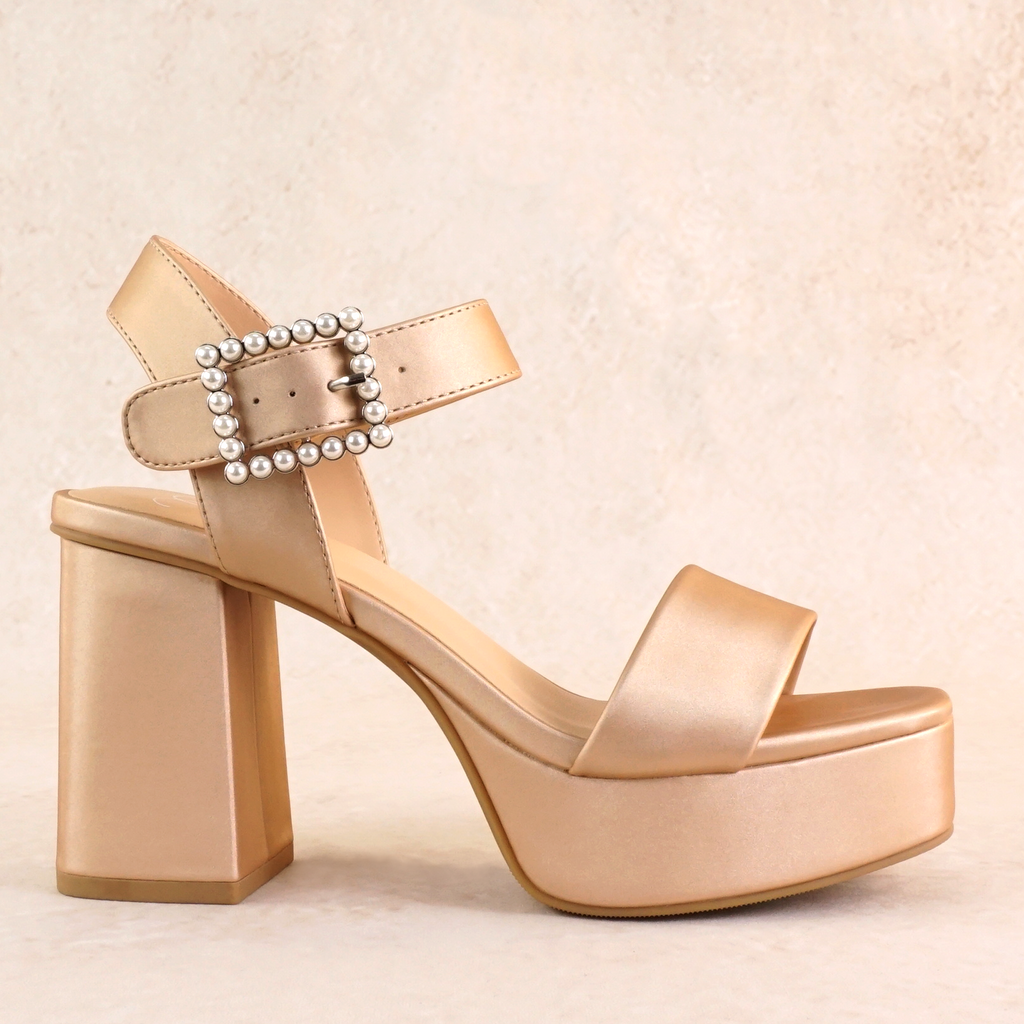 Macey Satin Block Platform Heels with Pearls