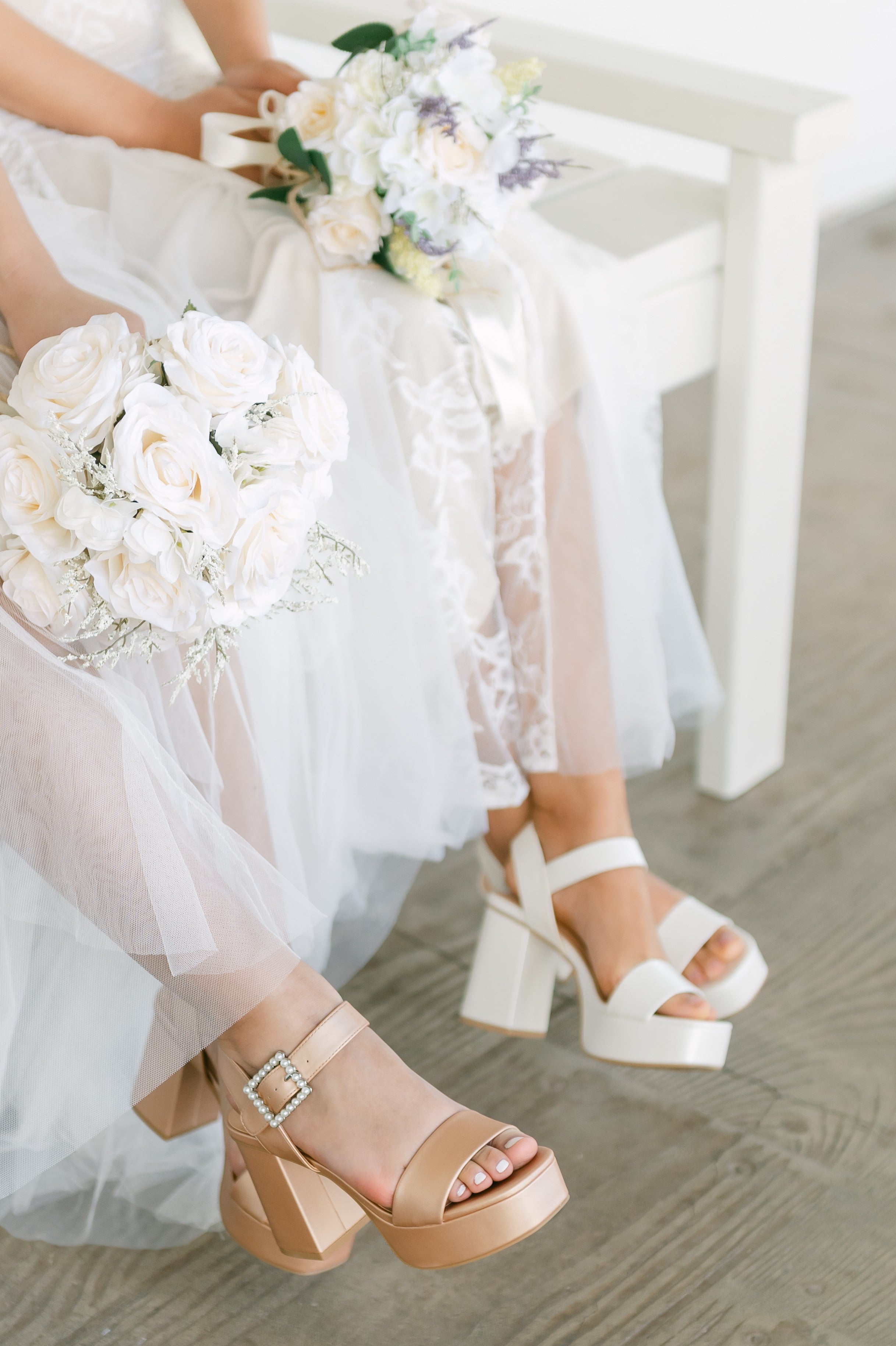 Macey Satin Block Platform Heels with Pearls