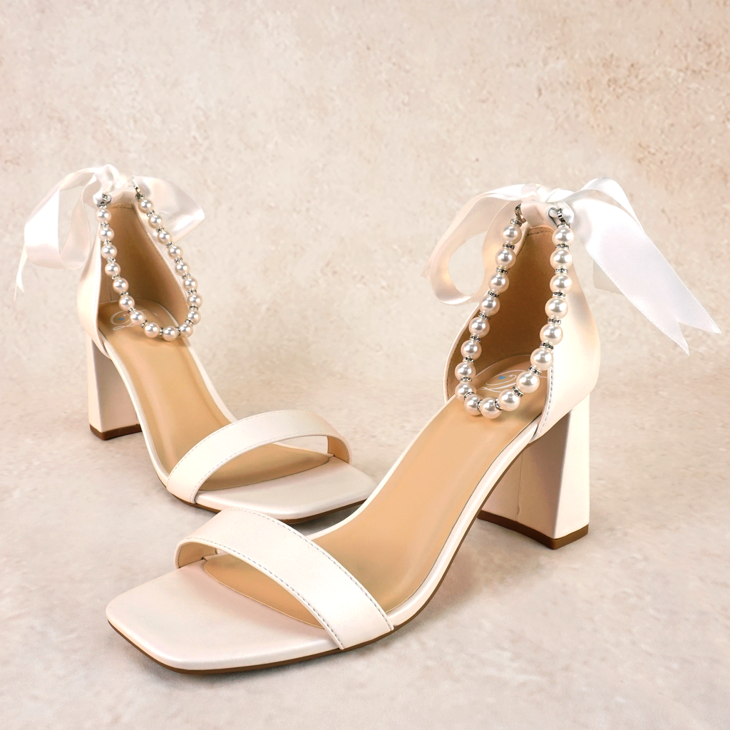 Morgan Satin Block Heels with Pearl Ankle Strap
