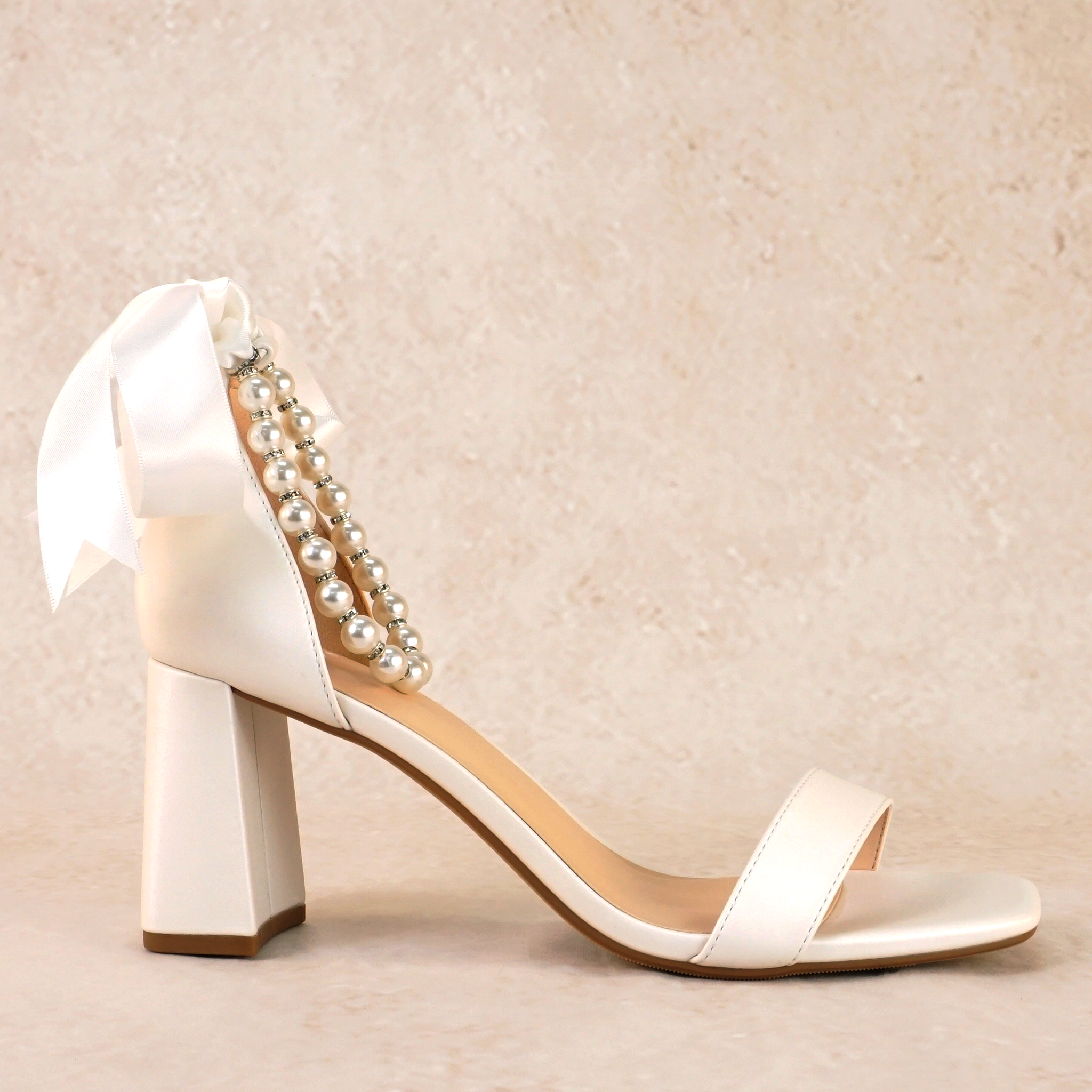 Morgan Satin Block Heels with Pearl Ankle Strap