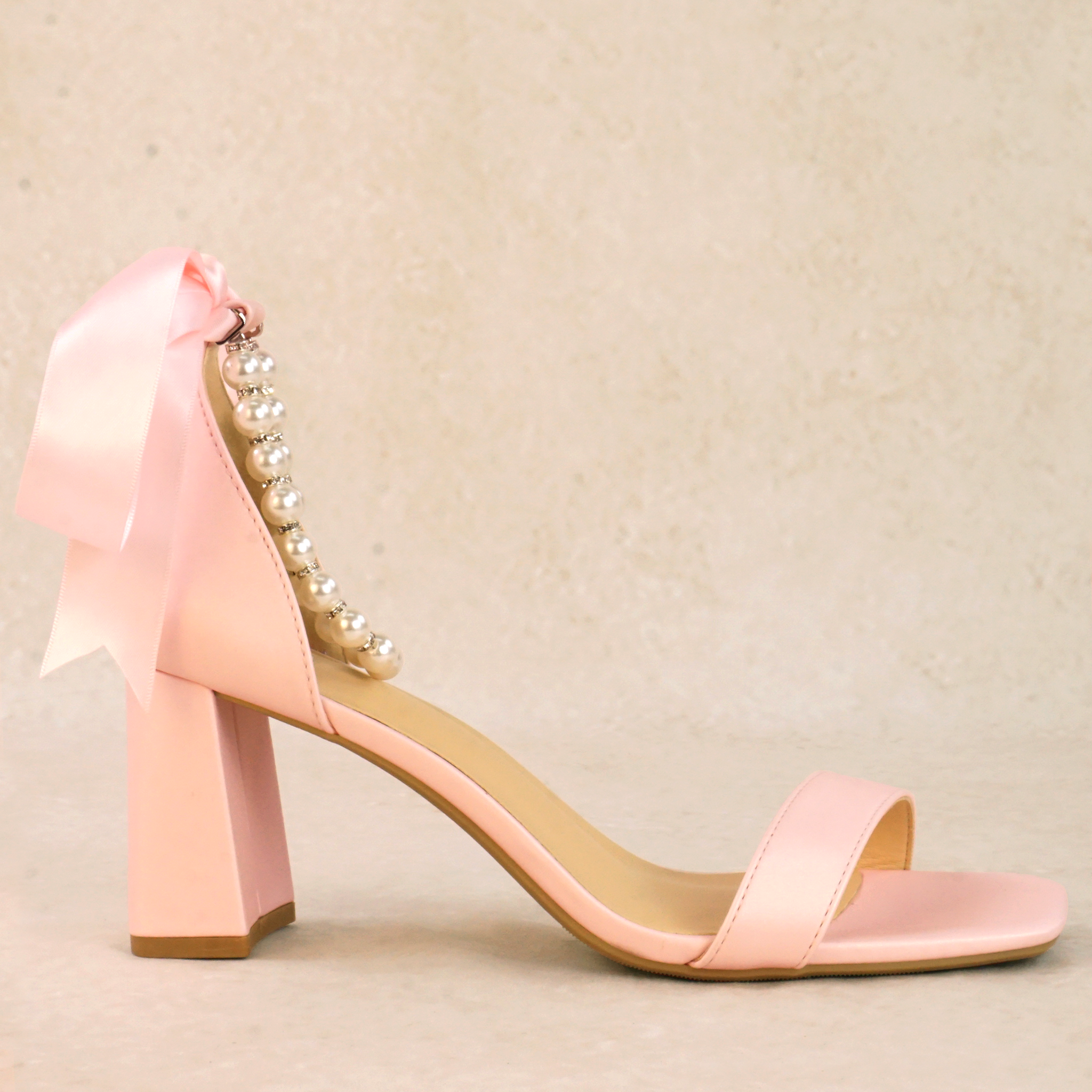 Morgan Satin Block Heels with Pearl Ankle Strap