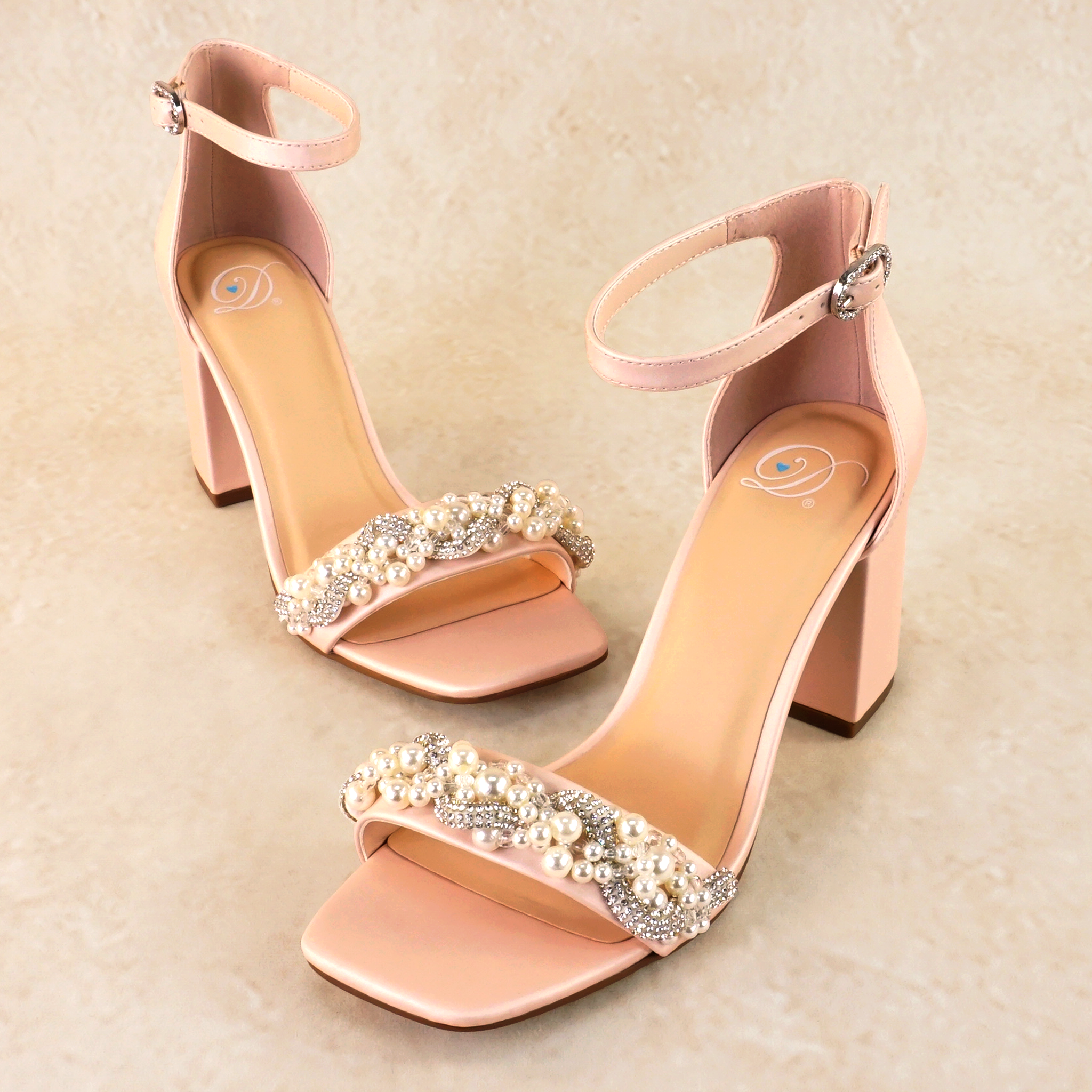 Cecilia Block Heels with Pearl and Rhinestone Twist