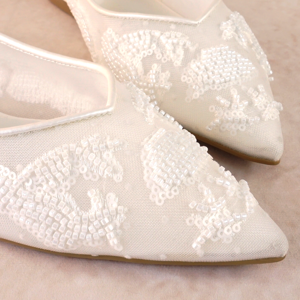 Rumi Beaded White Flat Shoe