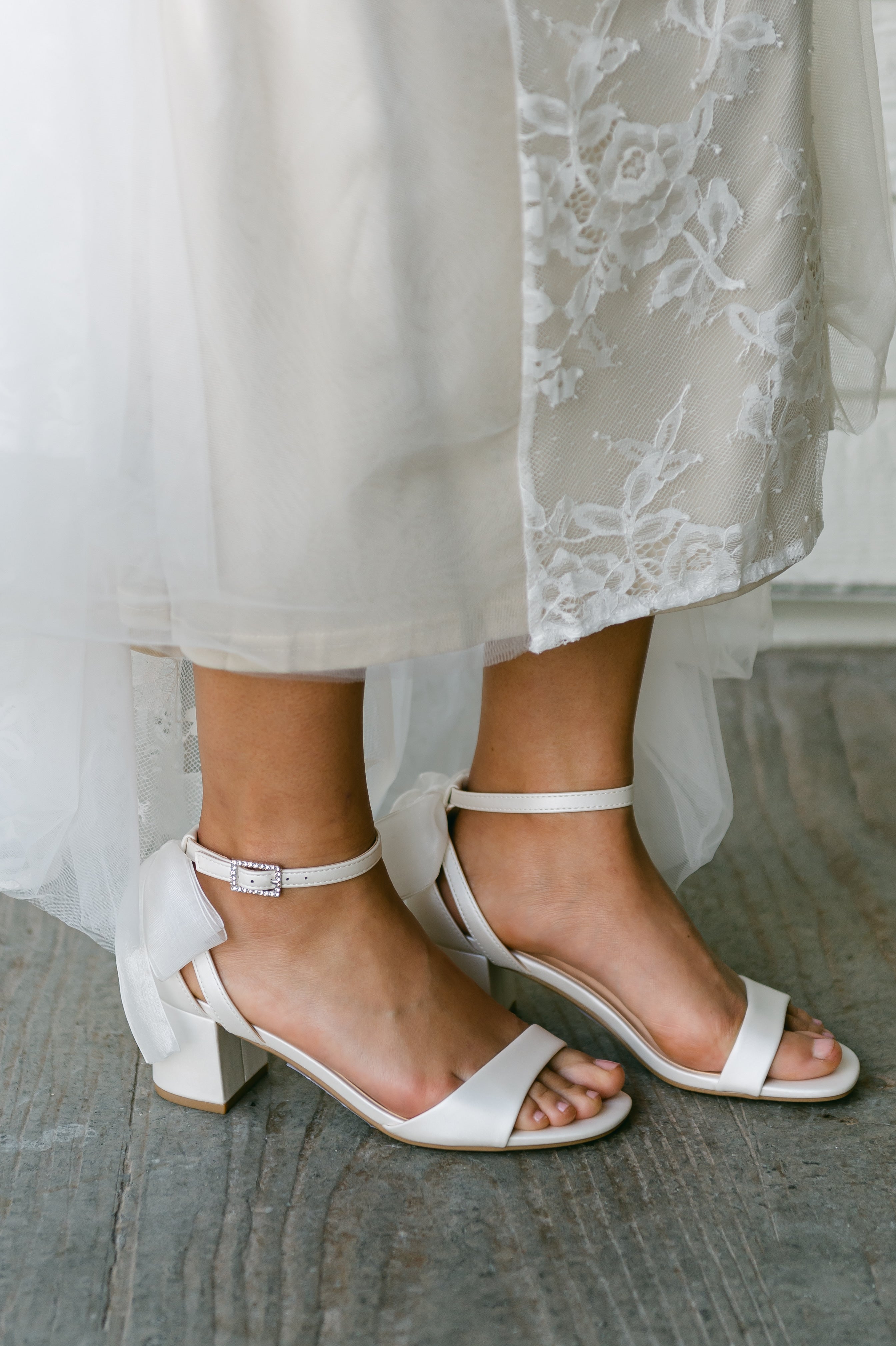 Dossi Satin Block Heels with Bow (wide fit)