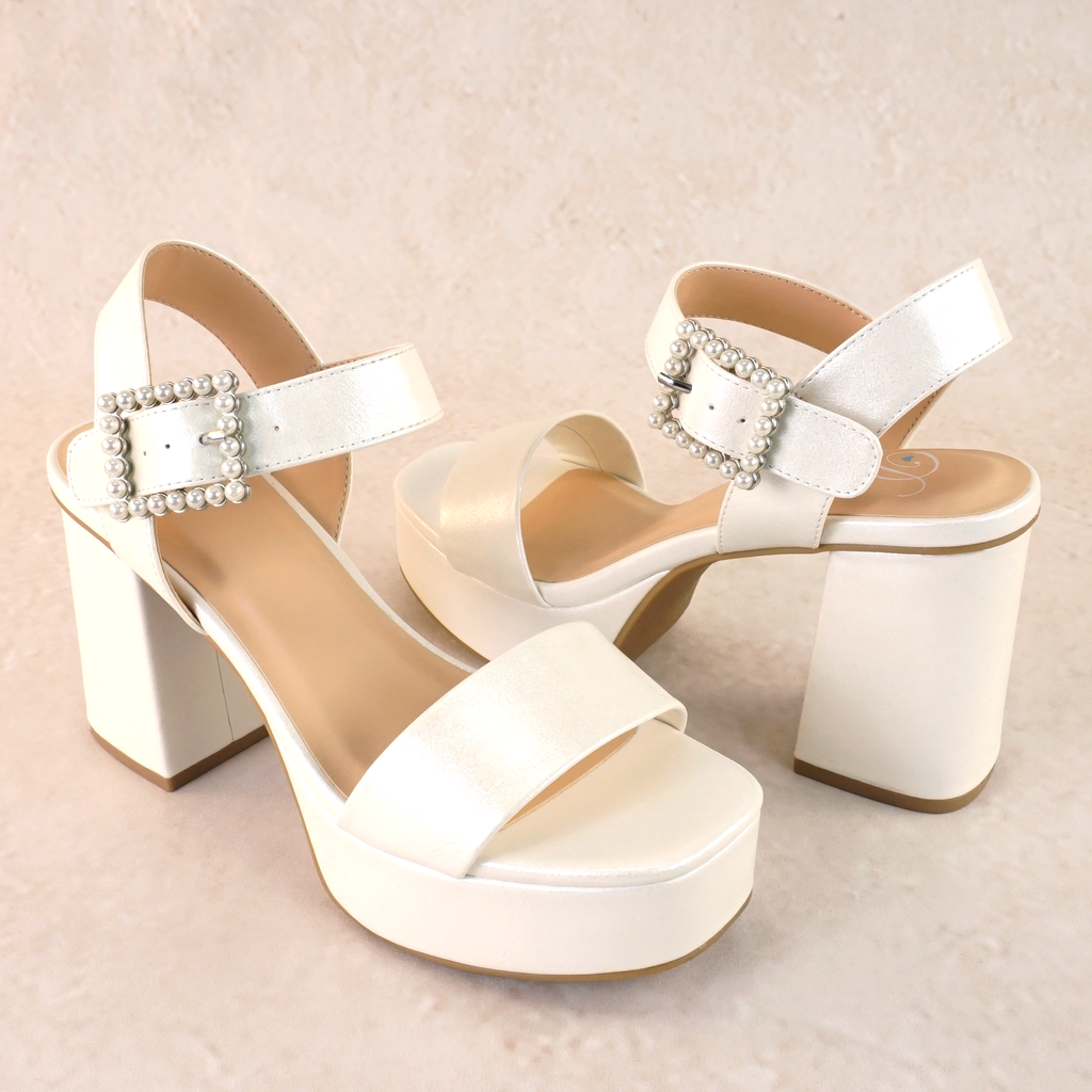 Macey Satin Block Platform Heels with Pearls