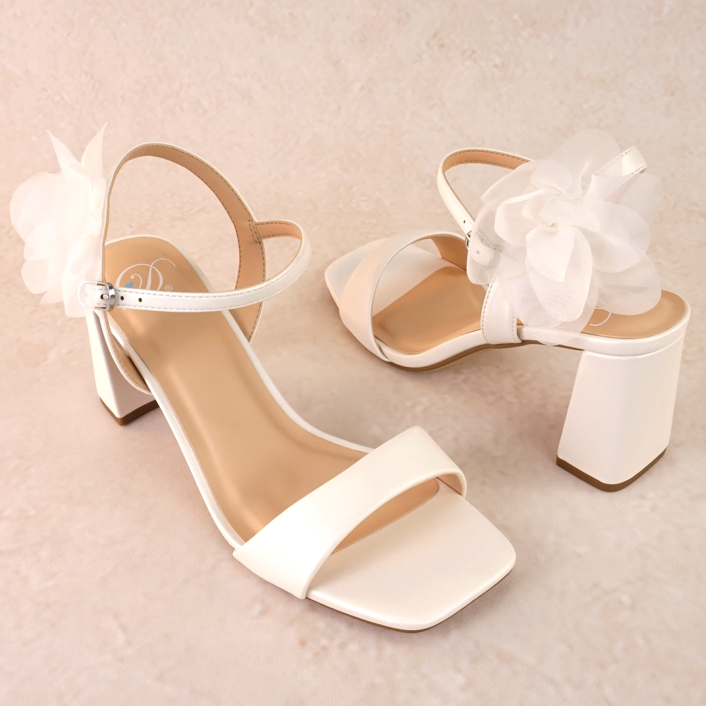 Lissie Satin Block Heels with Tulle Flower