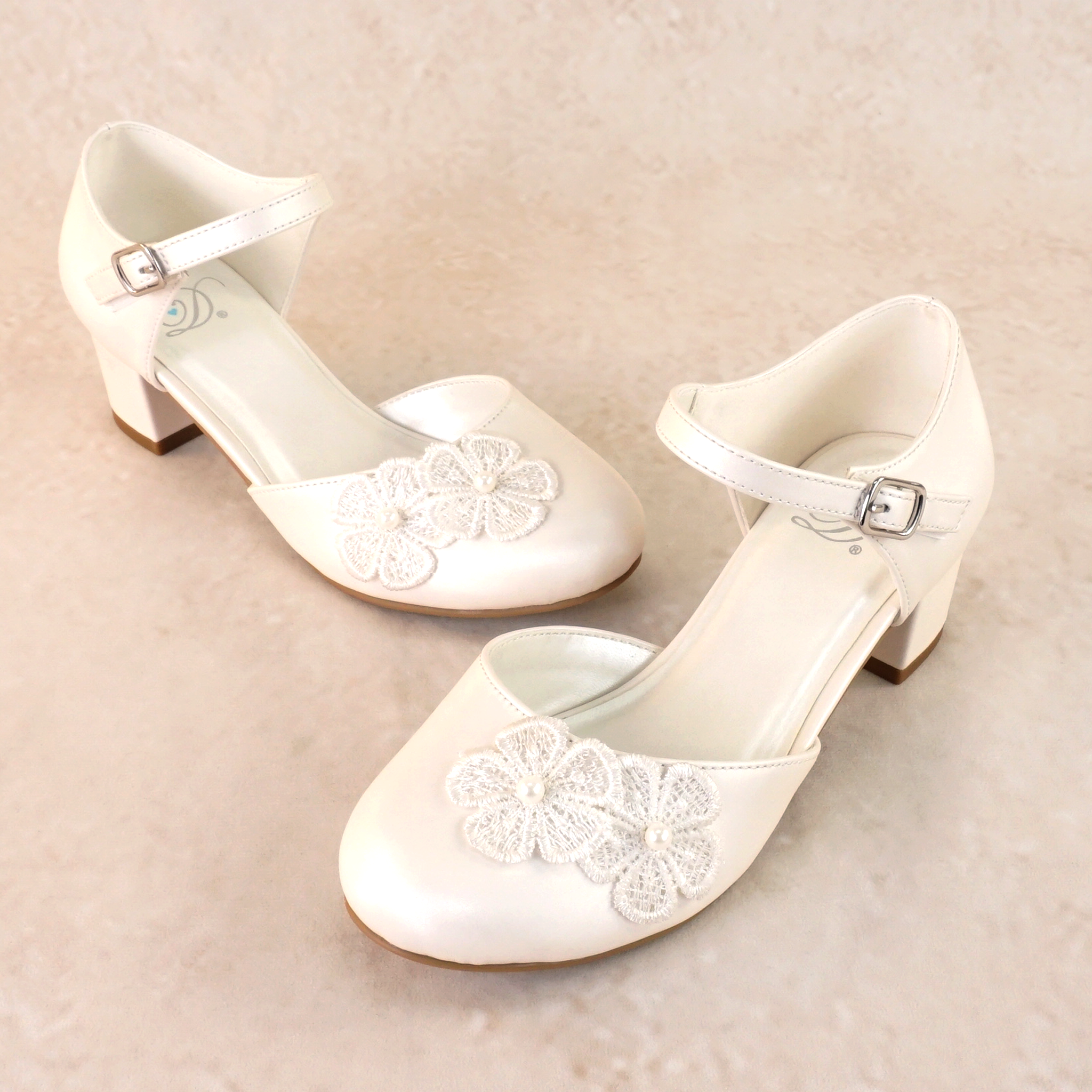 Acelin Flower Applique White Block Heels (kids)