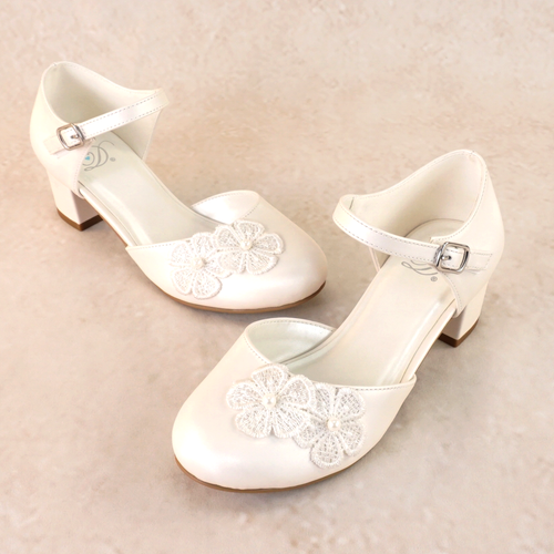 Acelin Flower Applique White Block Heels (kids)