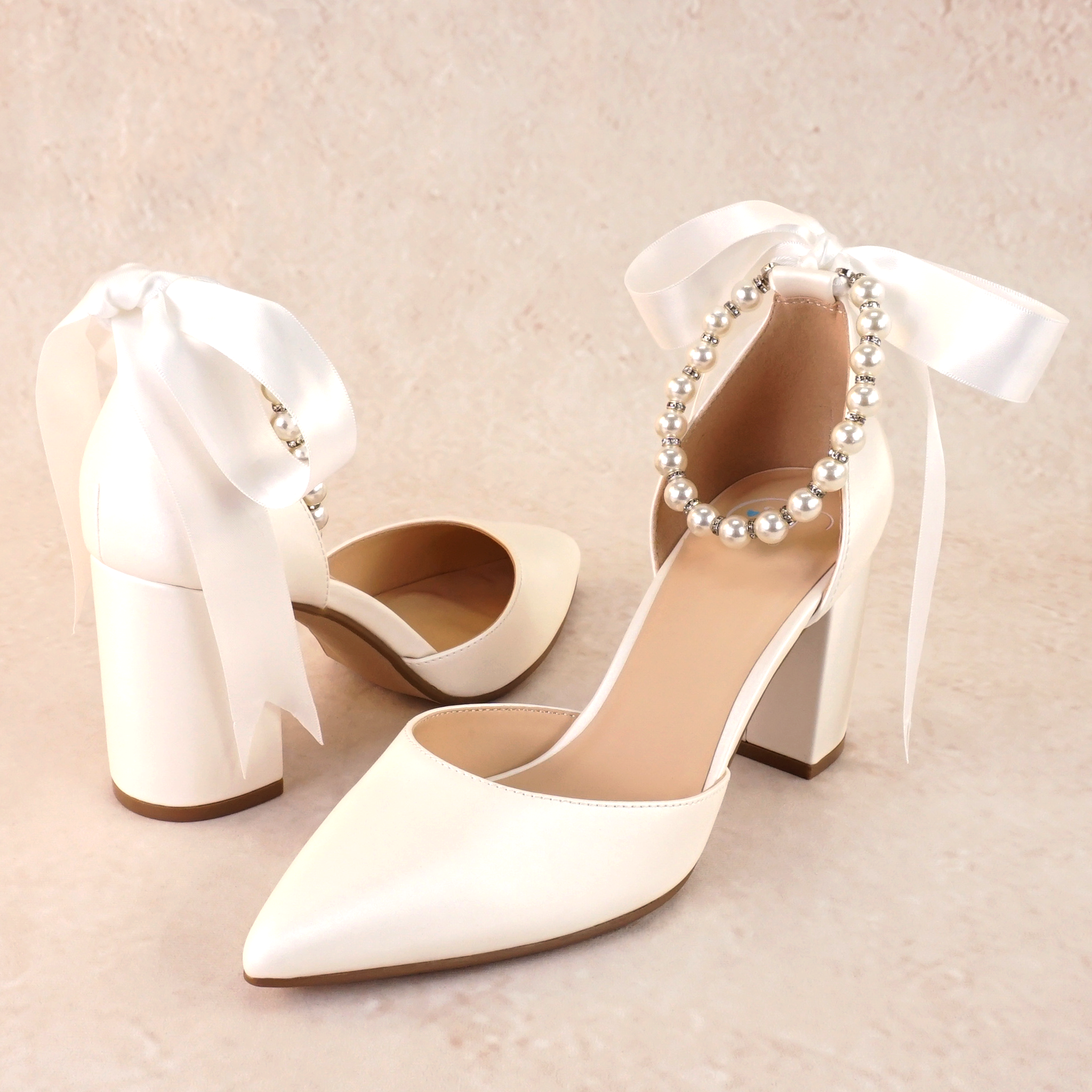 Julian Block Heels with Pearl Ribbon Ankle Tie
