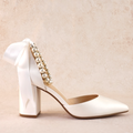 Julian Block Heels with Pearl Ribbon Ankle Tie