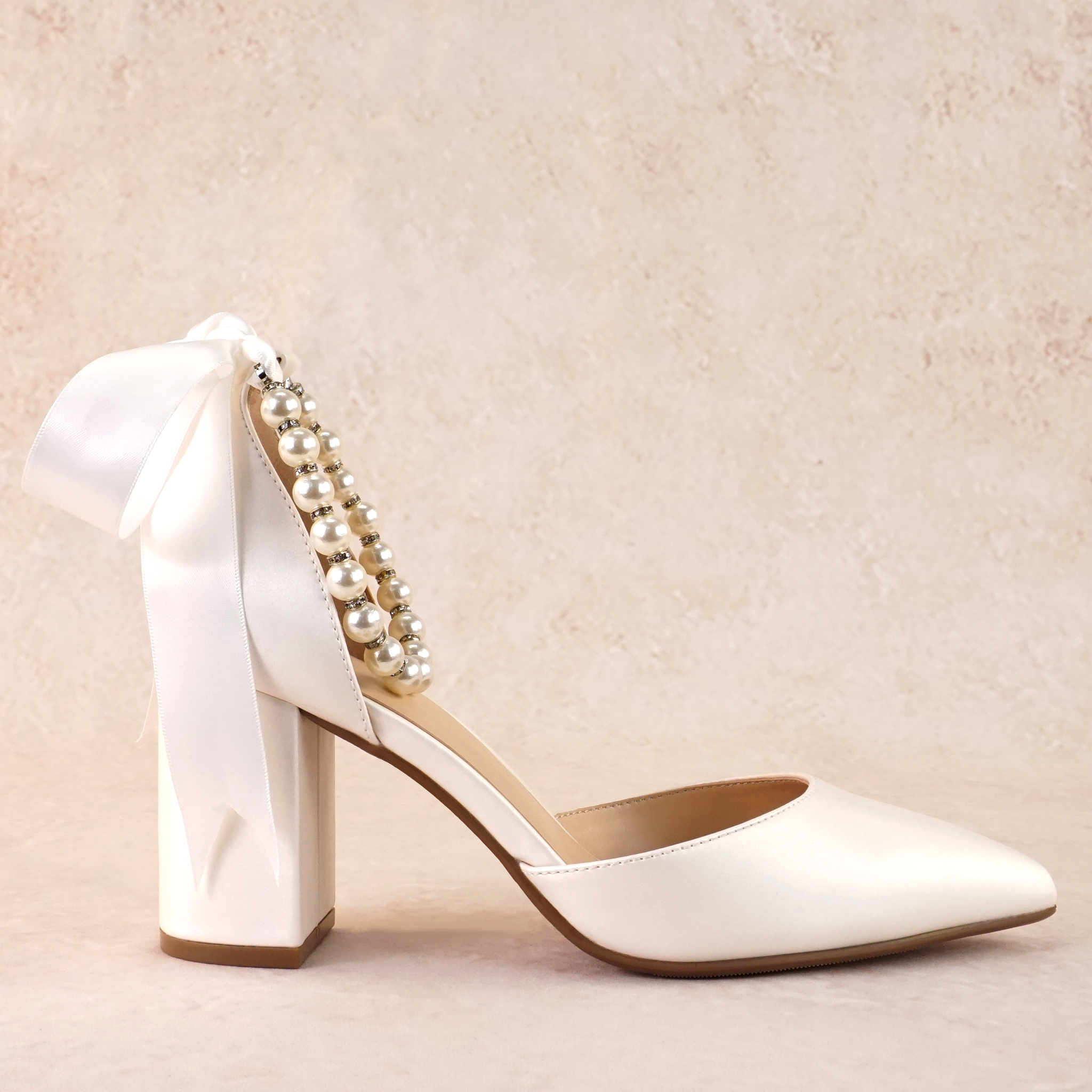 Julian Block Heels with Pearl Ribbon Ankle Tie