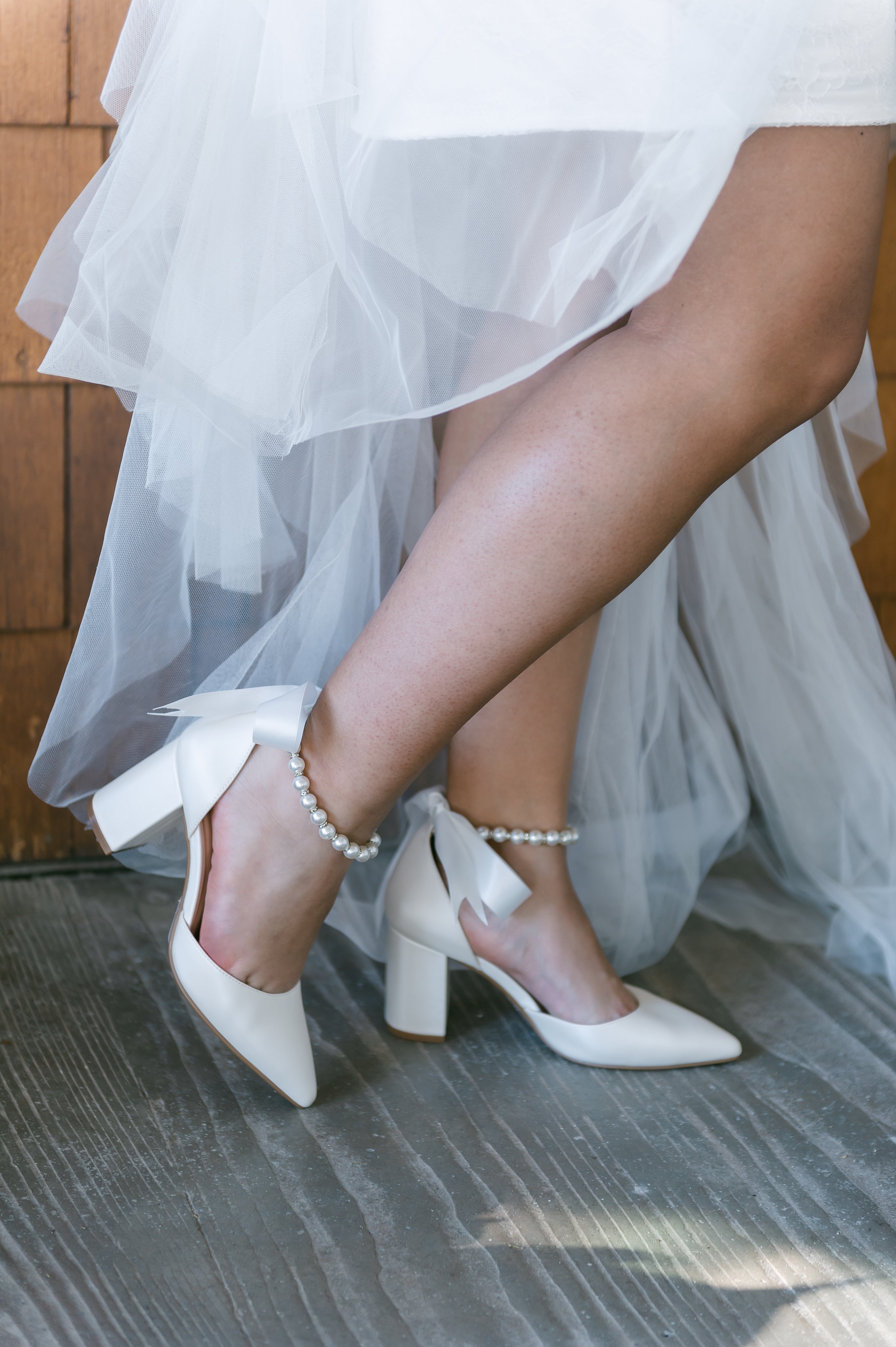 Julian Block Heels with Pearl Ribbon Ankle Tie