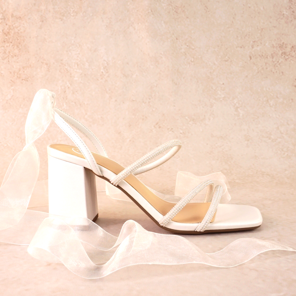Blenda Block Heels with Rhinestones and Ribbon Ties
